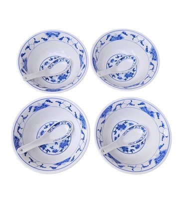 4 Vintage Tatung in Glasur Taiwan eingestellt blau & weiß Seerose Schalen mit Löffeln