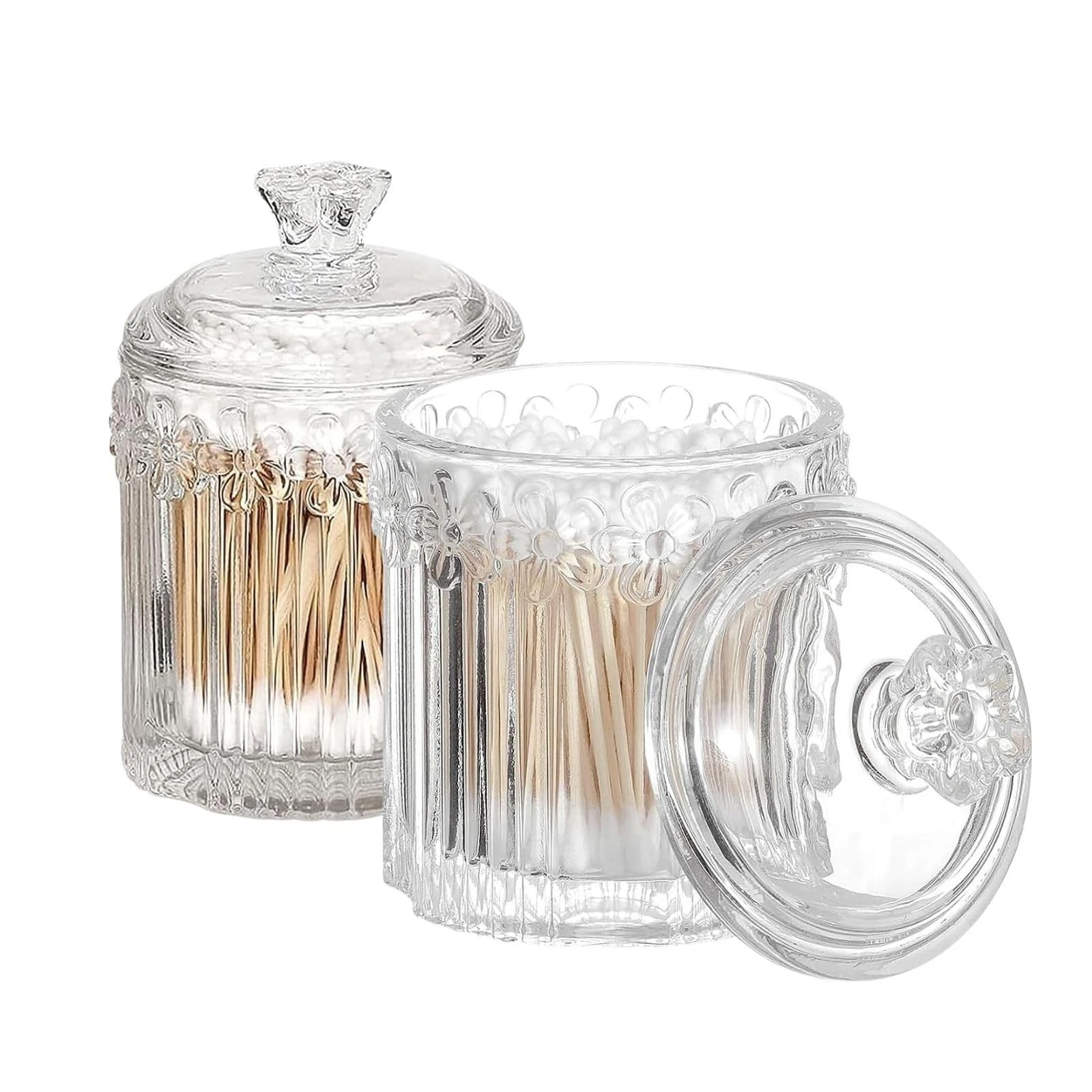 2 Pack Qtip Holder Thick Glass Apothecary Jars with Lid for Bathroom, Cotton ...