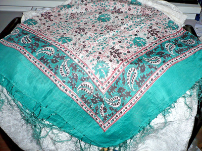 100% Rayon Pali Tuch türkis weiß 100 x 100 cm + Fransen Stola Schal NEU + TOP #G