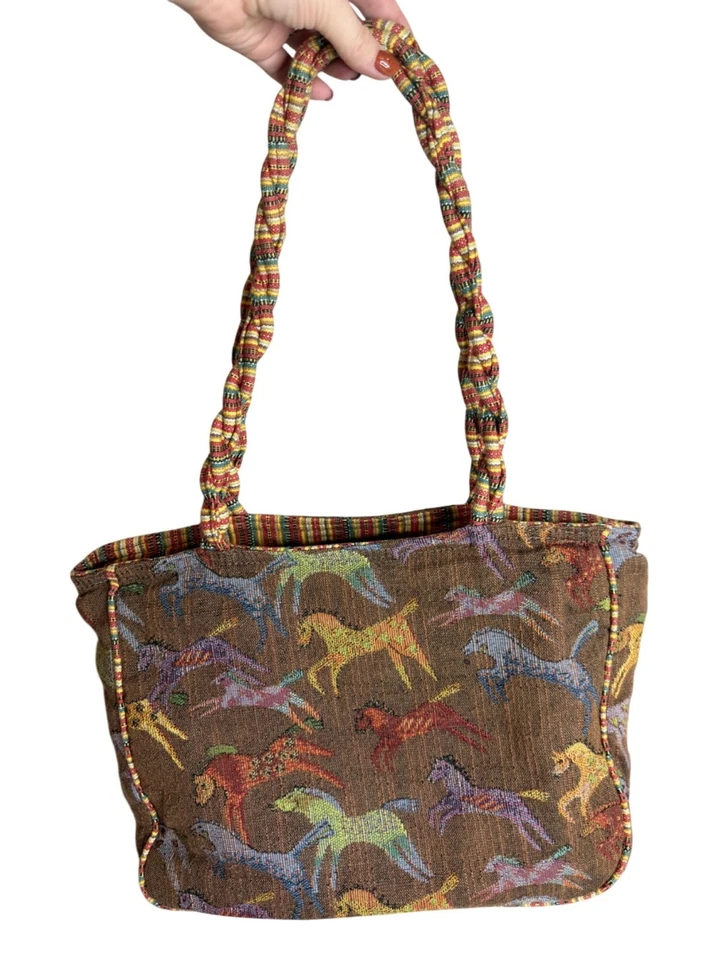 Y2K Laurel Burch Brown Canvas Tote Bag Horses Print - Image 4 of 4
