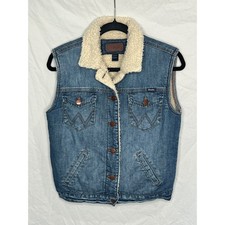 Wrangler Retro Sherpa Lined Denim Vest Sz XS Men's Unisex Western Barn Chore EUC