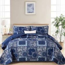 Cottolester Blue Patchwork Quilt Set Queen Size,Boho Navy Blue Quilt Set,Pais...