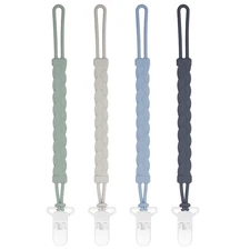 Stylish Silicone Pacifier Clips, 4-Pack Holder with Dark Grey 