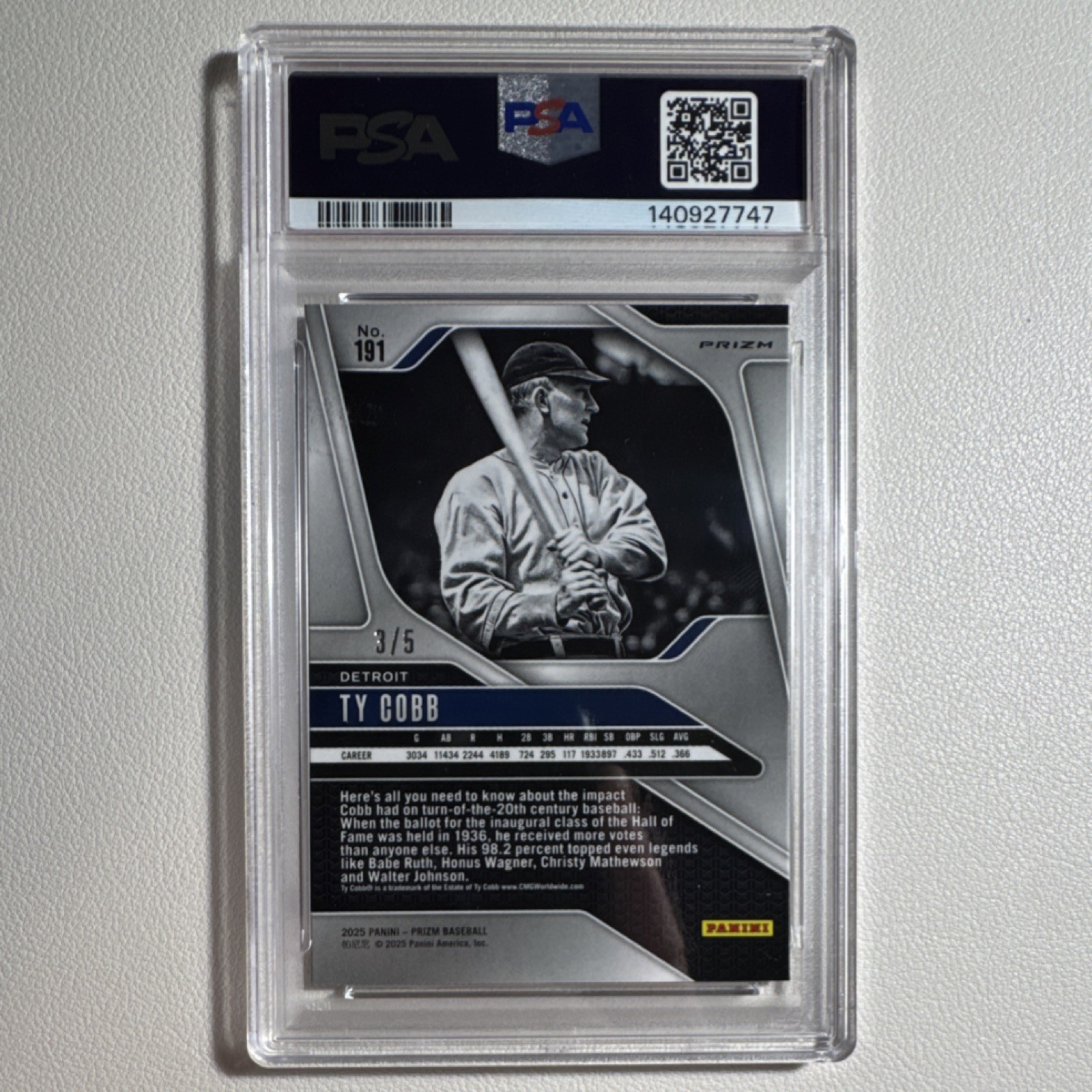 Panini 2025 Prizm Ty Cobb Black Gold Prizm #191 PSA 10 Detroit Tigers /5