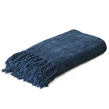 Navy Chenille Throw Blanket for Couch Bed，Soft Cozy Throw Blanket with Handma...