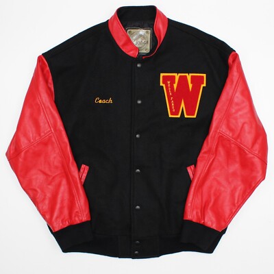 Wells Fargo Saxon Leather Bomber Jacket Size XL Snap Button Wool Black Red Rare