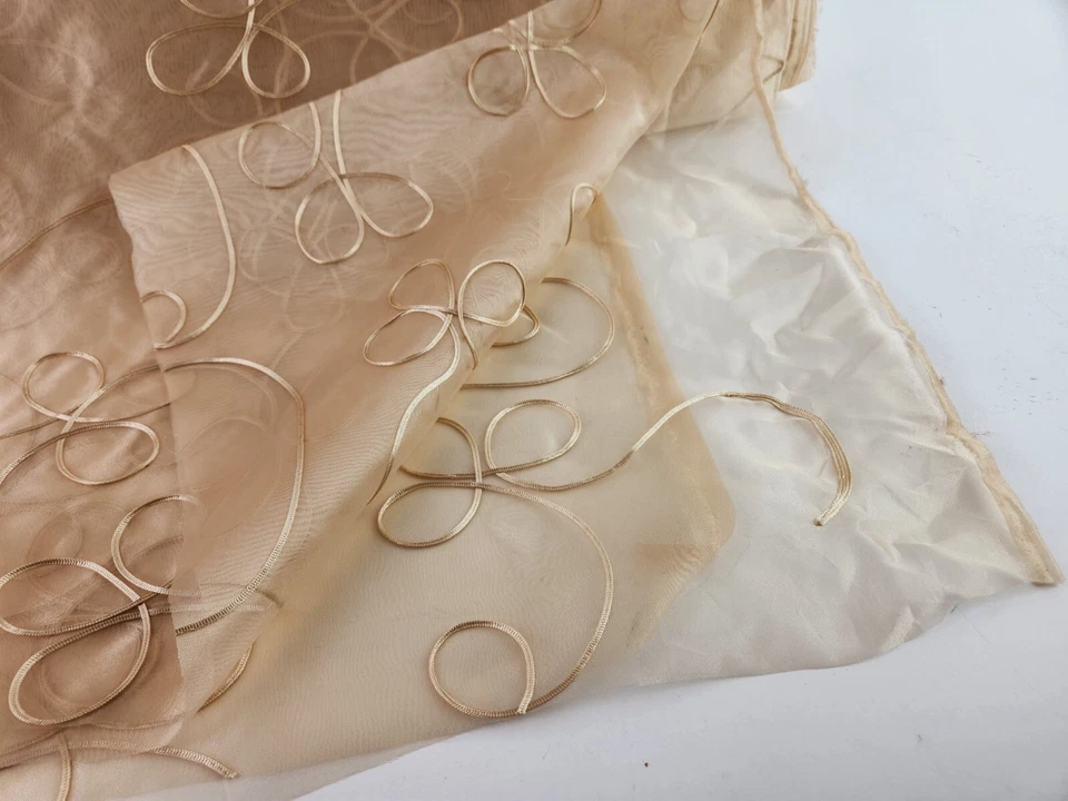 Embroidered Scroll Filigree Sheer Curtain Overlay Fabric Champagne 118" Wide BTY - Image 2 of 4