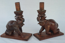 2 Vintage Hand Carved Wooden Elephant Table Lamp Bases, Candlesticks Treen