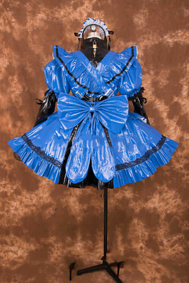 blue pvc dress Shiny Blue Wetlook PVC Maid Hobble Dress Long Sleeve Apron Lockable Sissy Crossdresser Cosplay