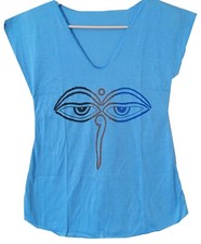 Women's Cotton Tee, V-Neck Short-Sleeve Blue T Shirt L-25"