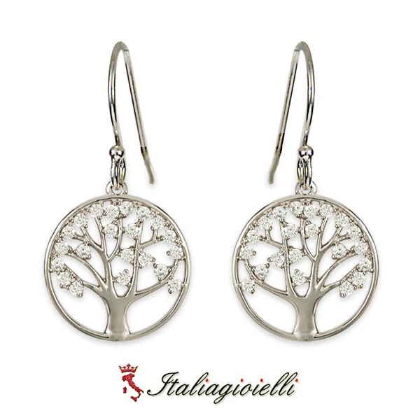 Splendenti Orecchini Albero della Vita Brillanti Argento 925 Rodiato Oro Bianco - Immagine 3 di 4