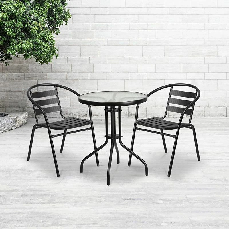 Black metal restaurant stack chair with aluminum slats outlet
