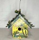Hand Painted Signed Garden Wooden Birdhouse 2001 Wood Art Flowers Flamingos