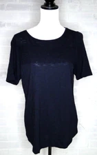 Talbots Navy Knit Top  Short Sleeve Crochet Floral Applique Size X.