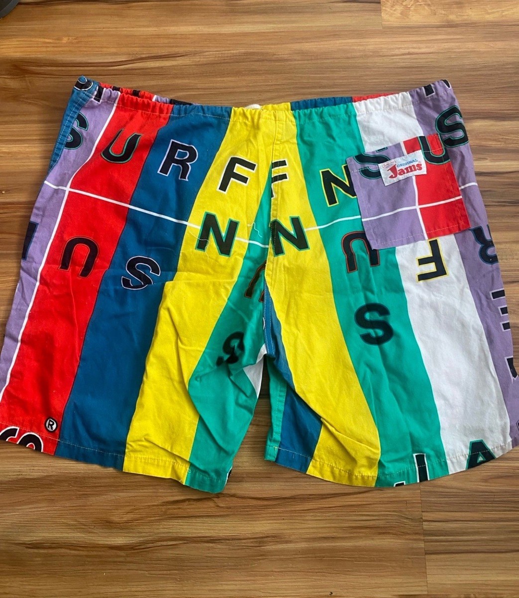 VTG 80s Surf Line Hawaii Original Jams World swim Shorts OVER PRINT L  Vintage