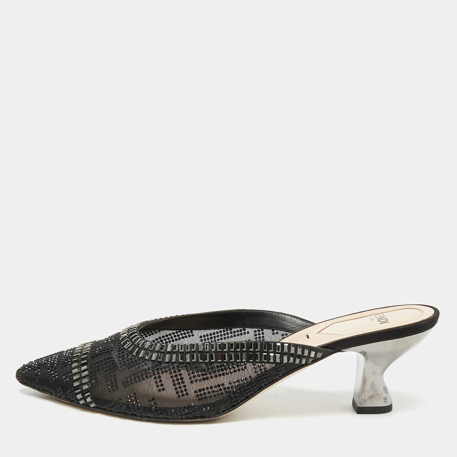 Fendi Colibri Size 39 Black Crystal Embellished Mesh Mules