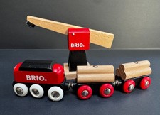 Lot BRIO Wooden Railway Red Engine Crane 2 Log Cars w/ Logs