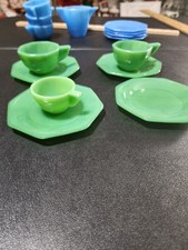 vintage akro Agate Jadeite slag children's tea set octagon 3 cups four plates