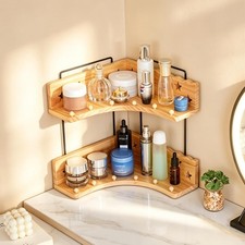 2-Tier Bathroom Countertop Organizer - Rustic Wood  Metal Vanity Corner Shelf -