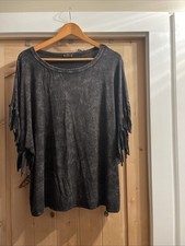 Womens Short Sleeve Black Top With Fringe Det...