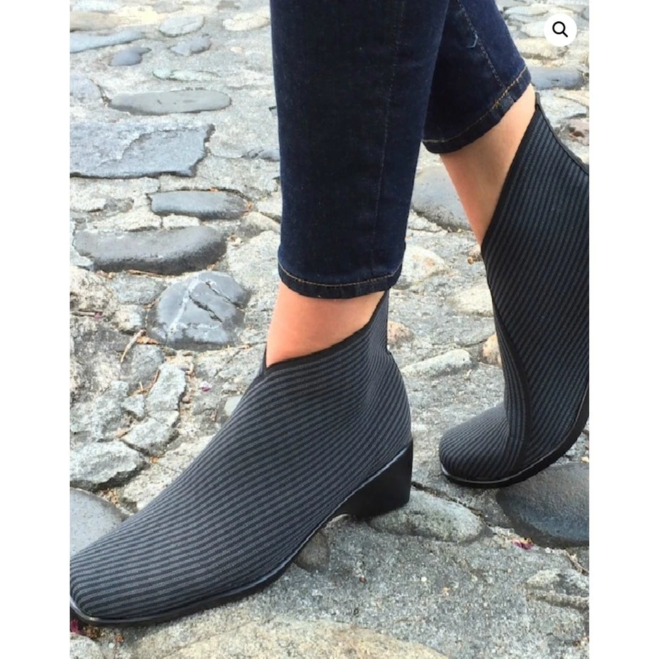 Anthropologie 8.5 Pull On Sock Boot Gray Stripe Ankle Square Toe Block Heel - Image 4 of 4