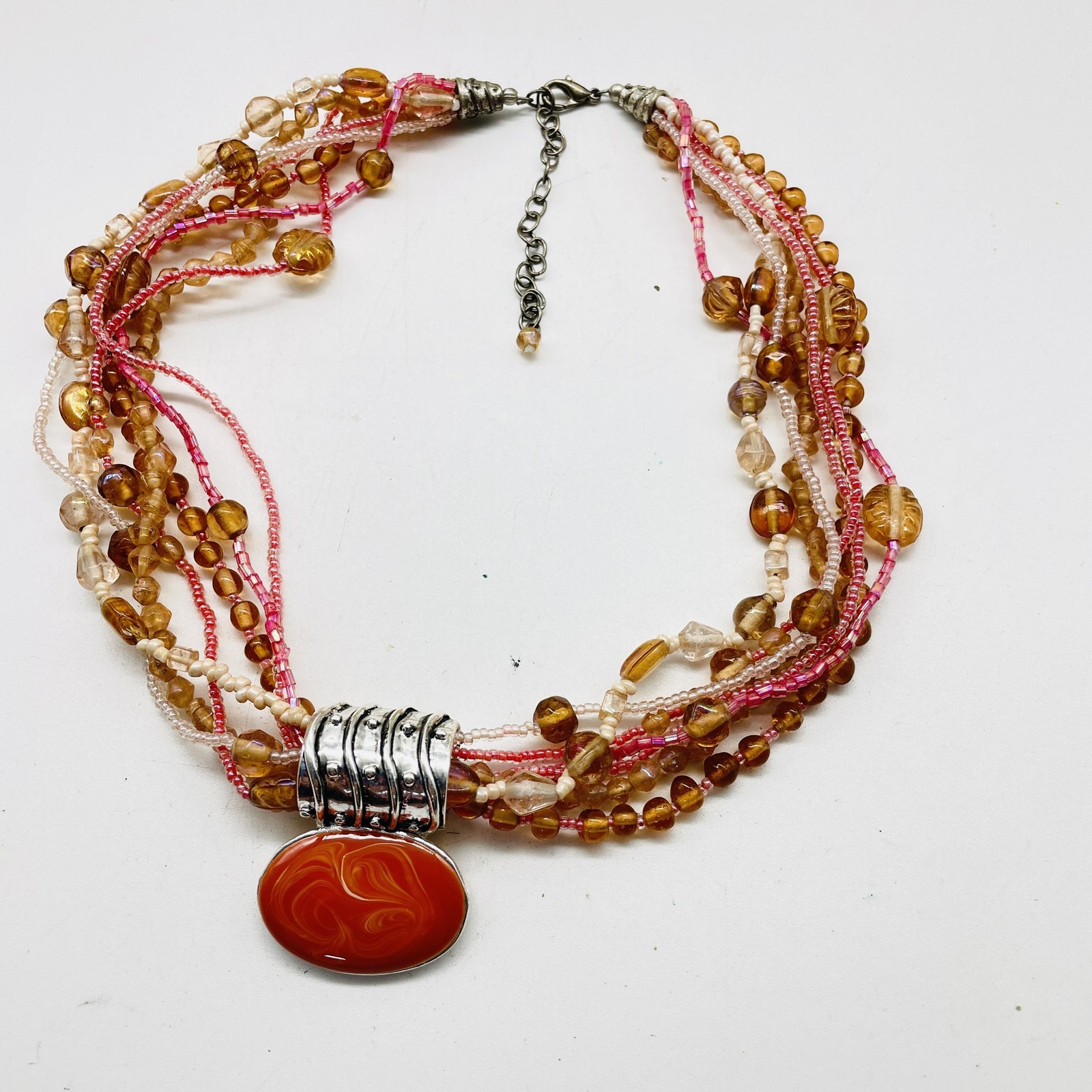 Multistrand Beaded Statement Necklace Pink Orange… - image 3