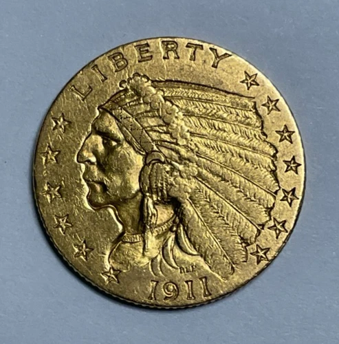 1911-P US $2.50 Indian Head Gold Quarter Eagle Coin, 4.2 grams, 90% Fine Gold