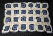 Handmade Crochet Granny Square Baby Blanket, Sofa Throw, White  Blues, 42"x27