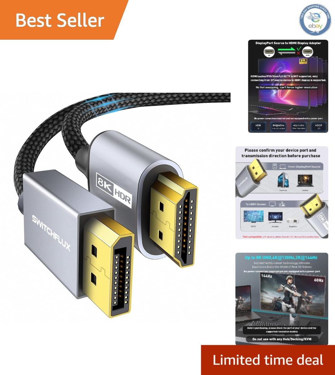 Ultra HD 8K HDMI Cable - 6FT DisplayPort 1.4 to HDMI 2.1 with Gold Connectors