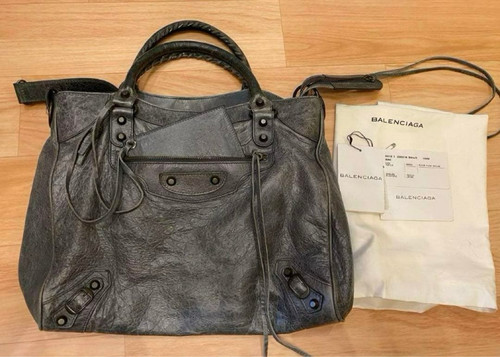 BALENCIAGA Classic City Bag Gray Lambskin Leather 2Way Shoulder Bag Authentic GC