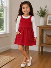 Girls Red Corduroy Jumper Dress Sleeveless Button Accent Pocket A-Line Outfit...