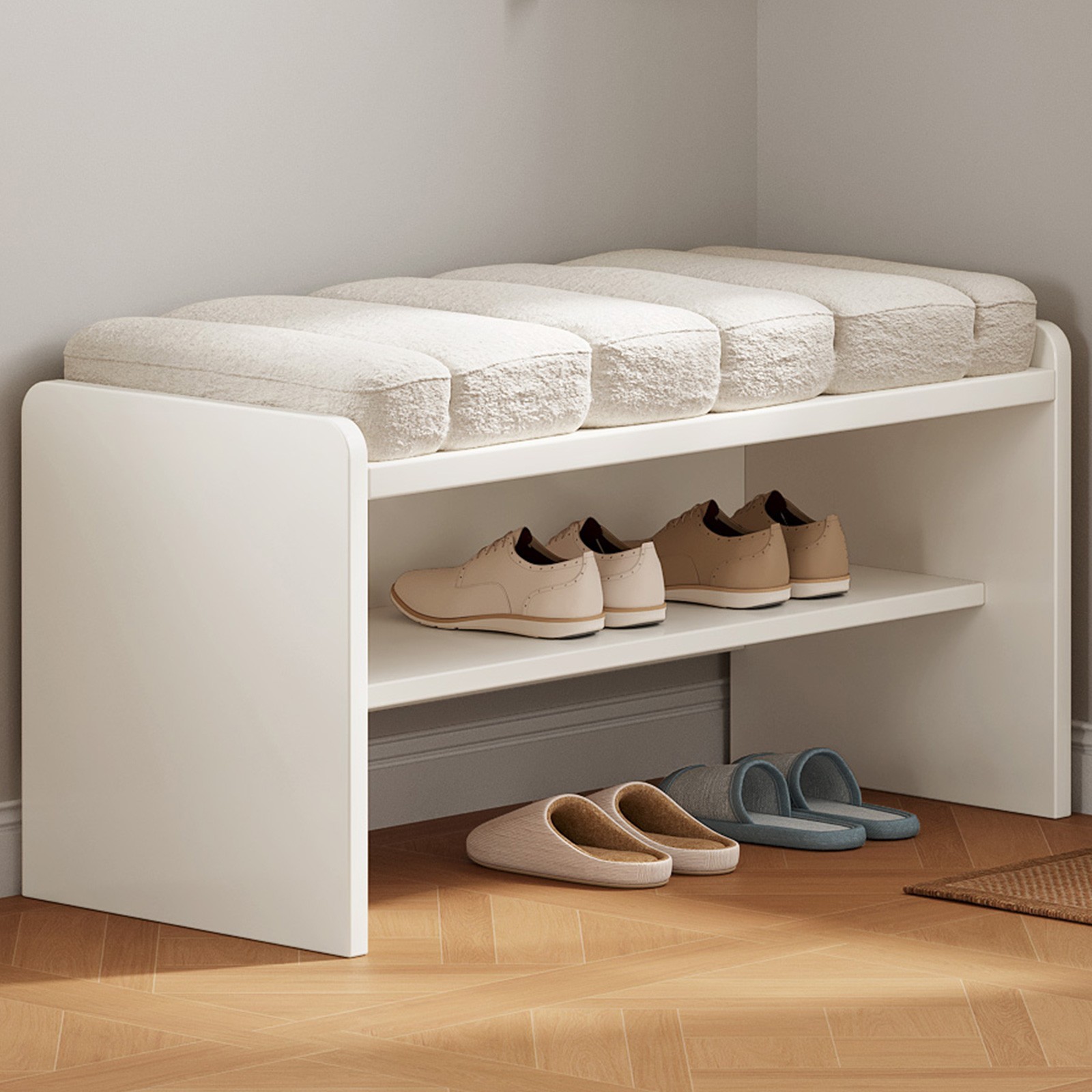 3-Tier Shoe Storage Bench with Soft Cushion Ottoman Shoe Rack for Entryway Beige