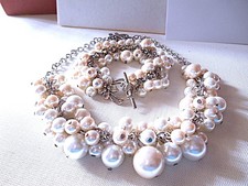 Silvertone  Flower Toggle Closure Faux Pearl Clustered Necklace and Bracelet Set