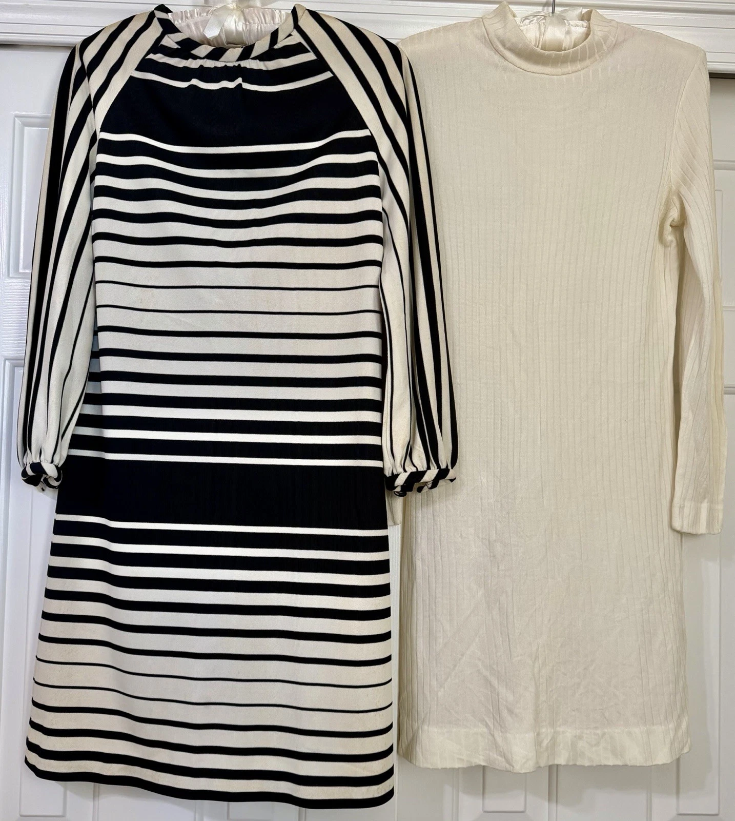 2 Vintage 1970s Women’s Dresses- Solid Ivory/Black & White Stripe Print