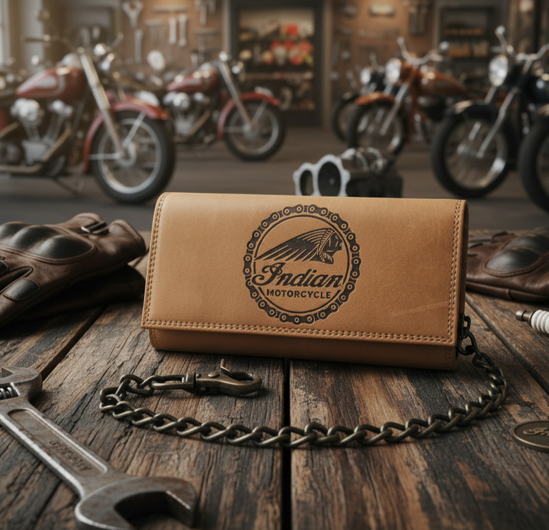 Indian Motorcycle Genuine Leather Trifold RFID Blocking Biker Wallet  With Chain