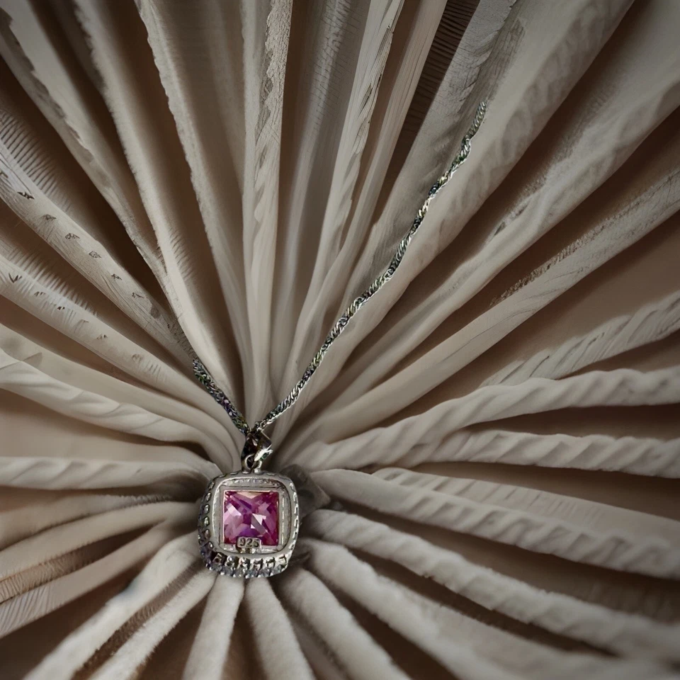 Collar colgante cadena plata de ley 925 estilo Art Deco nuevo circonita cúbica rosa joyería Foto 2 de 4