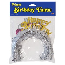 Beistle 4 Piece Happy Birthday Tiaras With Fringe   Celebration Headband Crown