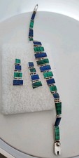 950 Silver Mexico Malachite & Lapis Inlay Bracelet & Earring Set
