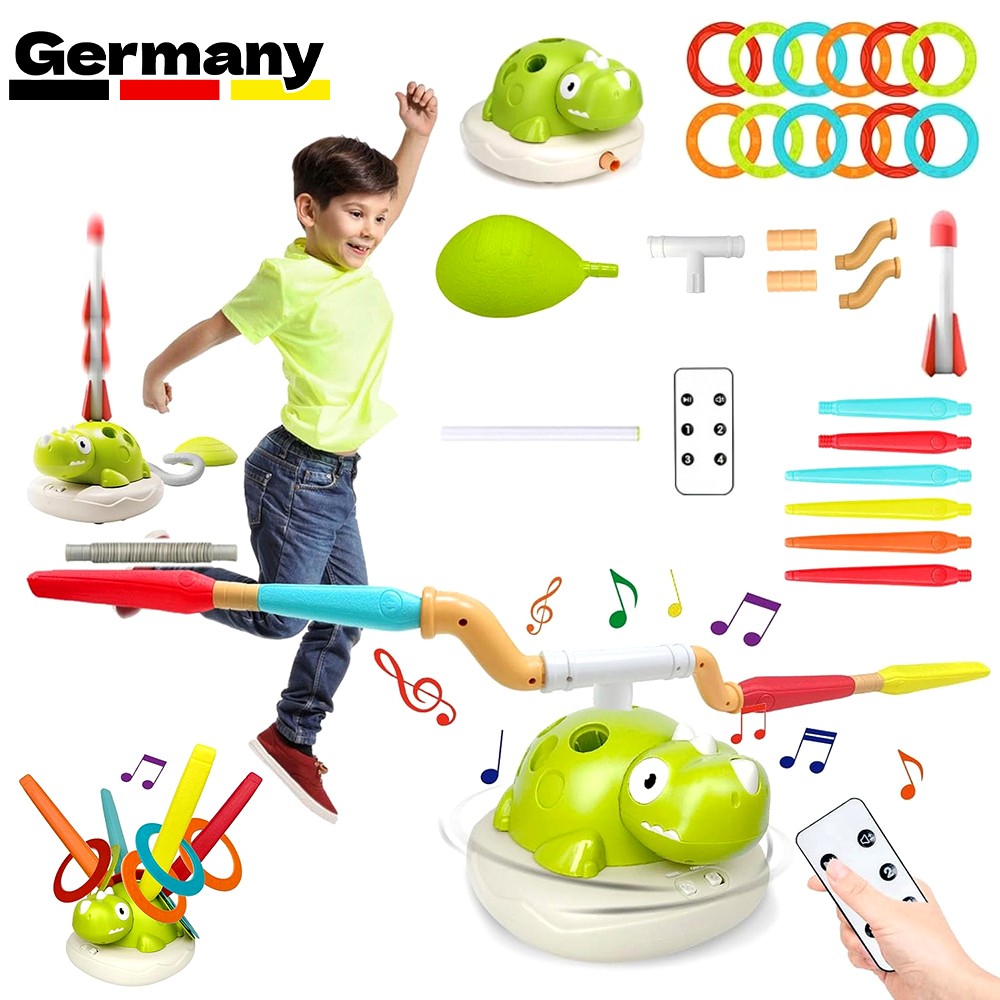 Giocattolo da esterno per bambini 3 in 1 con musica, razzo pressione aria/corda per saltare/lancia anelli foto 3
