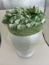 Green Fascinator Band Hat With Netting Veil Fake Flowers Spring Vintage 1960s
