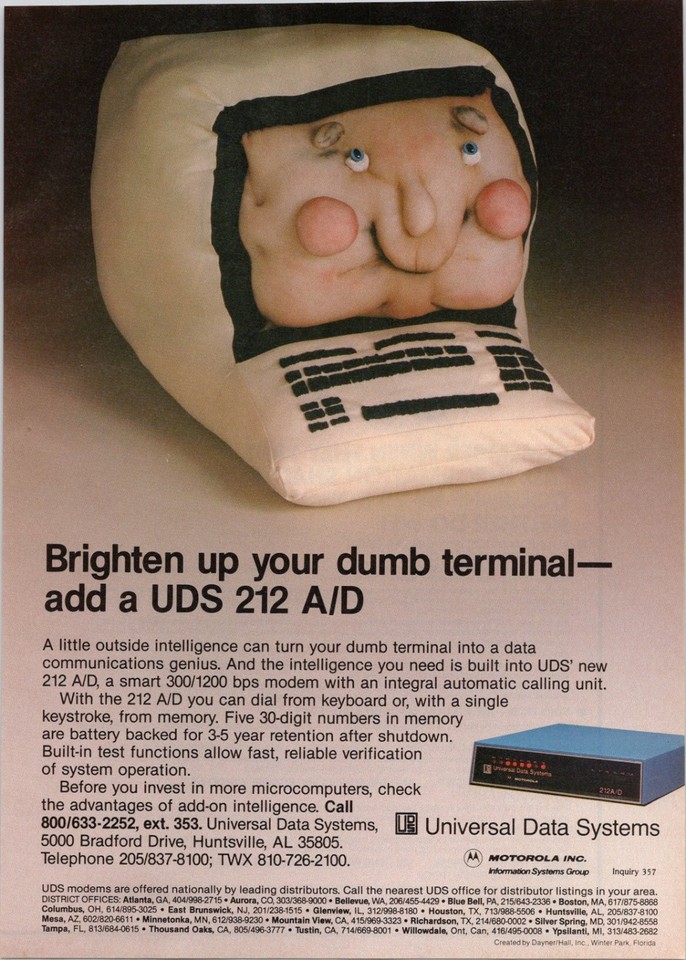 Original 1980s Motorola computer terminal/modem magazine ad — a framed-worthy slice of retro-tech nostalgia when 'the internet' was a fever dream.