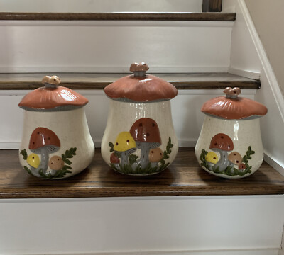 1980 Vintage Mushroom 3 Piece Canister Set Arnel's Mold Ceramic