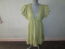 BY ANTHROPOLOGIE Celery Cotton Crochet Trim Flutter Sleeve Boho Peasant Dress S