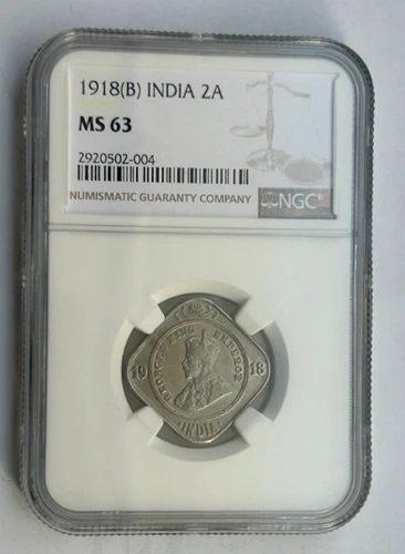 INDIA BRITISH 2 ANNA 1918 (B) MS 63 NGC