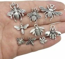 9 Bee Charms Pendants Bumblebee Antiqued Silver Assorted Set Insect Wasp