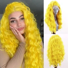 Sexy Yellow Synthetic Wigs Heat Resistant Loose Wave Lace Front Wig Pre Plucked