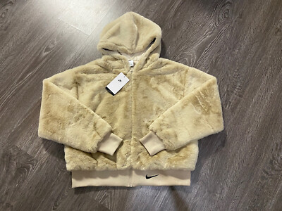 Nike Women's Sportswear Essentials Hoodie Faux Fur Rattan Size M