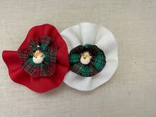 1990s Vintage Christmas Girls Barrette in White/Red with Snowmen Plaid 5.5" long