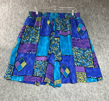 Vintage Shorts Women Large Blue Geometric Pockets Pull On Cottage Retro USA 32x7