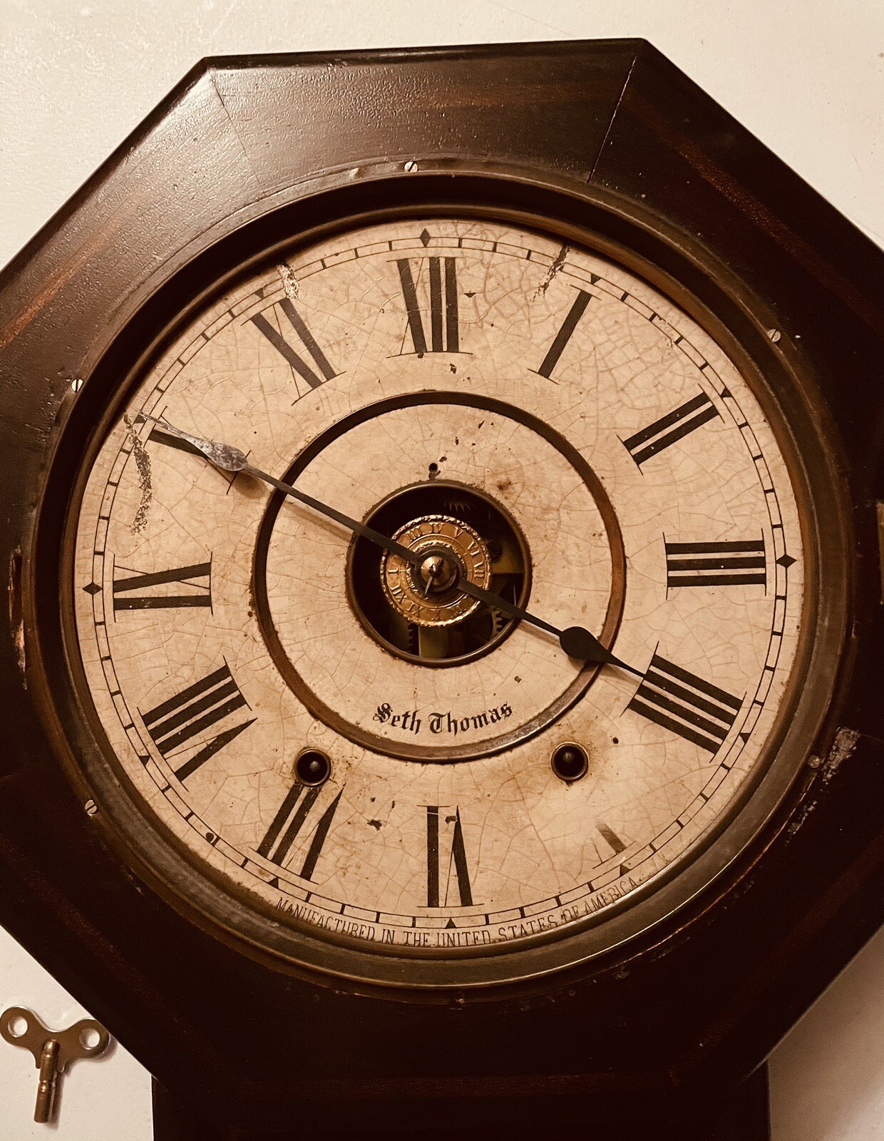 Seth Thomas VTG Wall 8 Day Chime Clock 1800s Octagon Wind Key Antique